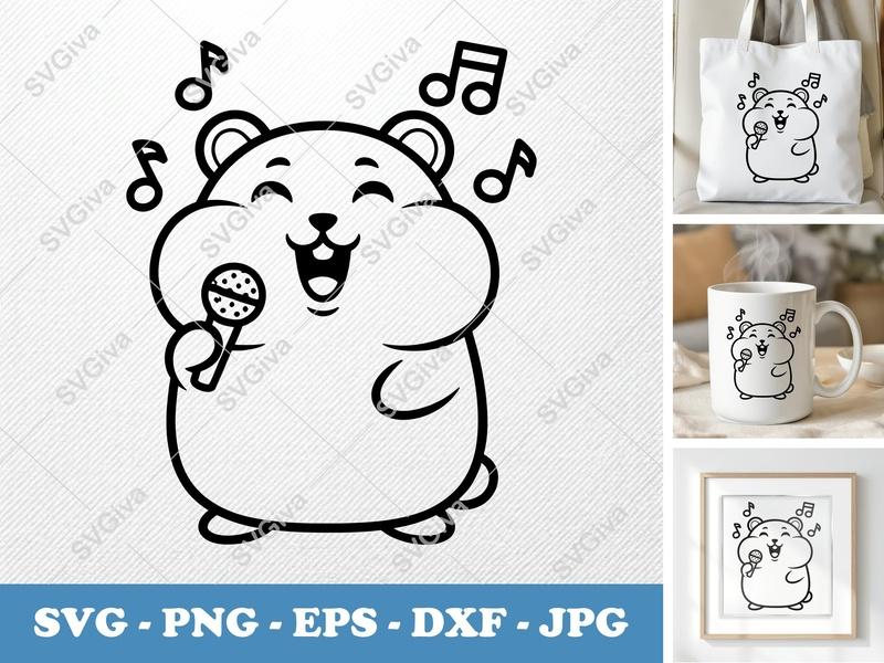 Hamster SVG, Singing Cute Hamster with Microphone, Music Notes | PNG EPS DXF | Cricut Silhouette File, Animal Cut File
