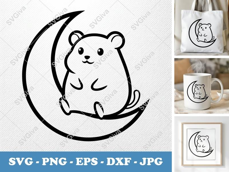 Hamster SVG Sitting on Moon | Cute Animal Vector Cut File, PNG, EPS, DXF for Cricut & Silhouette