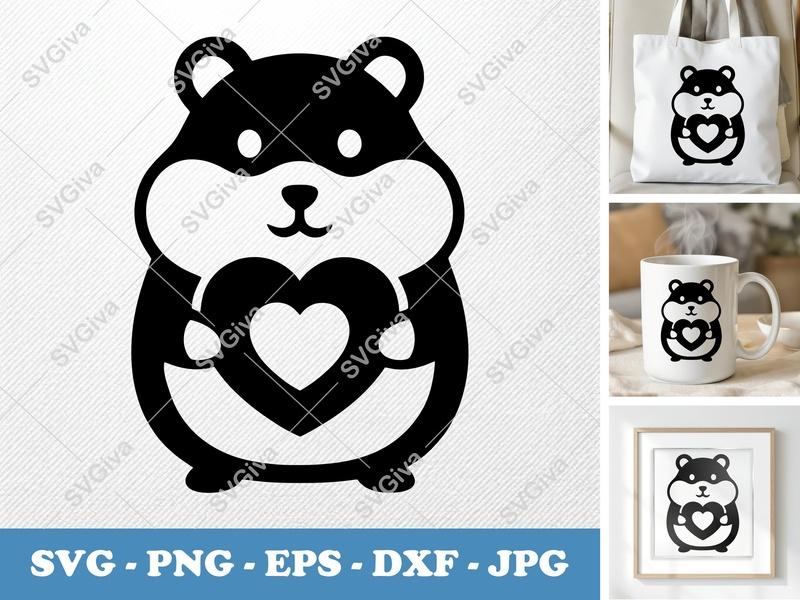 Hamster SVG with Heart | Cute Hamster Cut File, PNG, EPS, DXF for Cricut & Silhouette, Animal Lover Gift