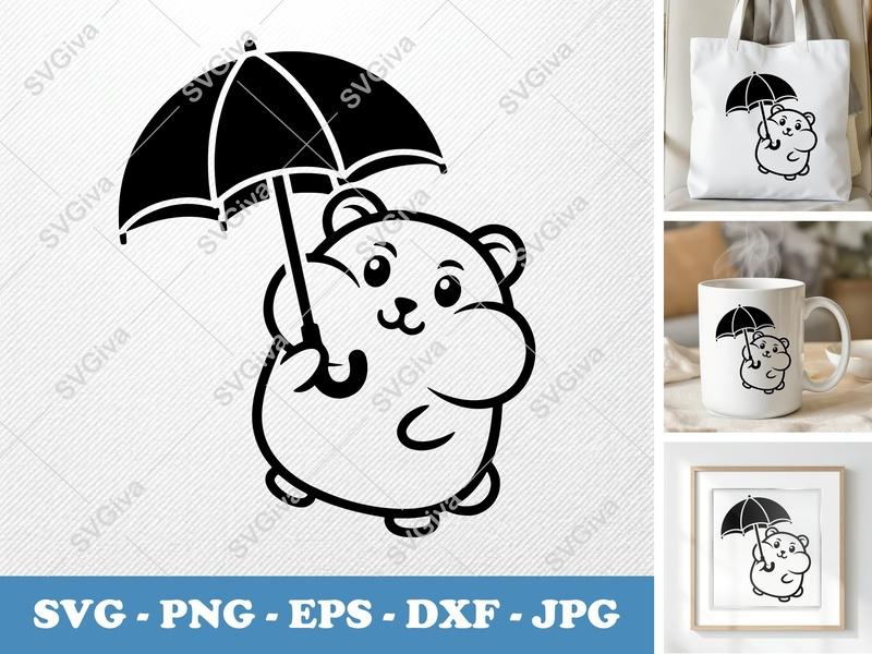 Hamster SVG with Umbrella | Cute Rodent Cut File, Modern Animal Clip Art for Cricut, Silhouette | PNG EPS DXF