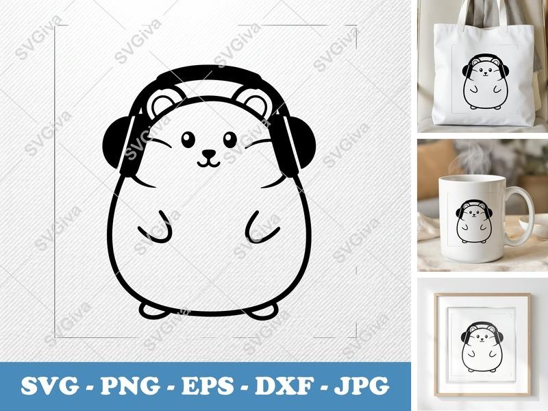 Hamster wearing headphones SVG | Puffy Cartoon Cut File | SVG, PNG, DXF, EPS for Cricut & Silhouette