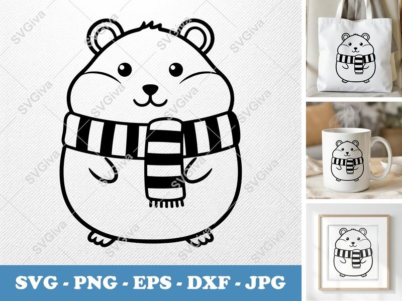 Hamster Wearing Scarf SVG | Rounded Bean-Shaped Cut File | Friendly Winter Rodent PNG DXF EPS | Cricut Silhouette