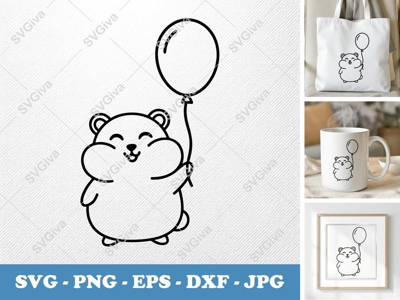 Hamster with Balloon SVG | Rounded Bean-Shaped Cut File | Friendly Animal Vector, PNG, DXF, EPS for Cricut & Silhouette