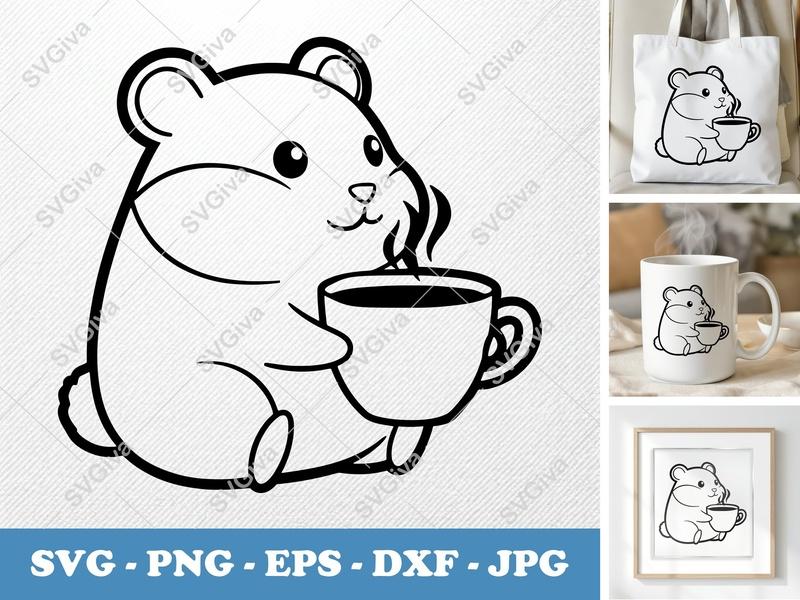 Hamster with Coffee Cup SVG PNG DXF EPS | Cricut Silhouette Cut File | Animal Graphic Digital Download