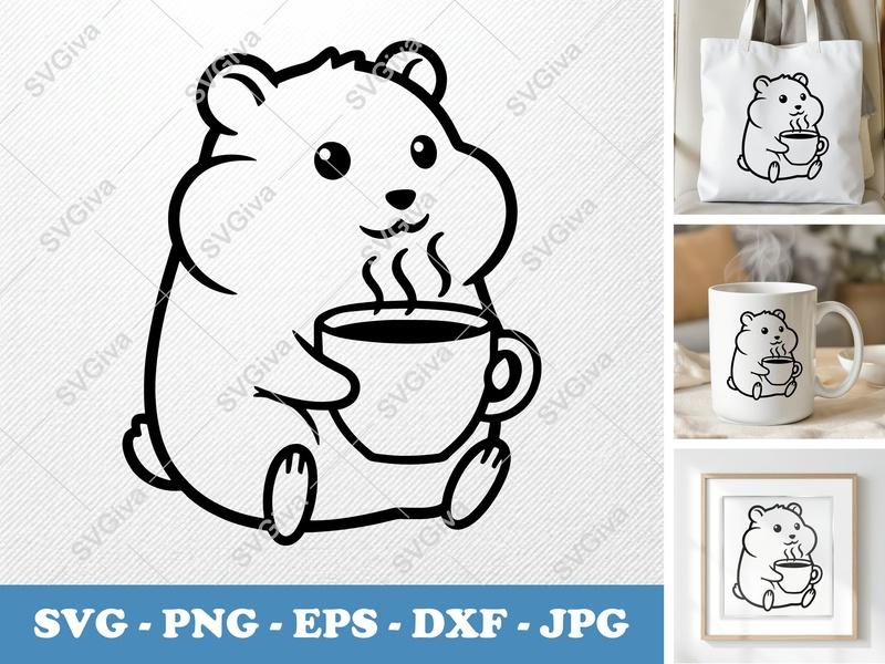 Hamster with Coffee Cup SVG | Rounded Friendly Bean-Shaped Cut File | PNG DXF EPS | Cricut Silhouette
