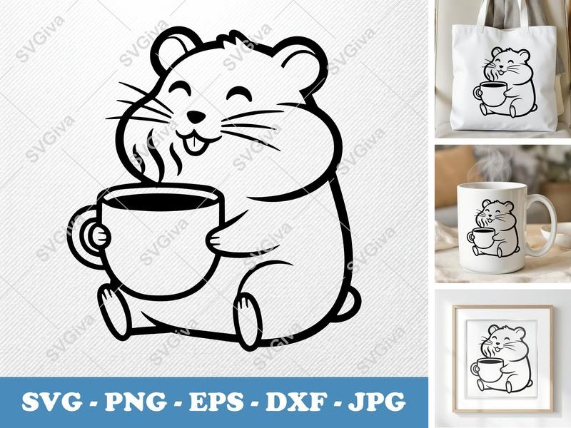 Hamster with Coffee Cup SVG | Simple Cartoon Black Contour | PNG DXF EPS | Cricut Silhouette Cut File
