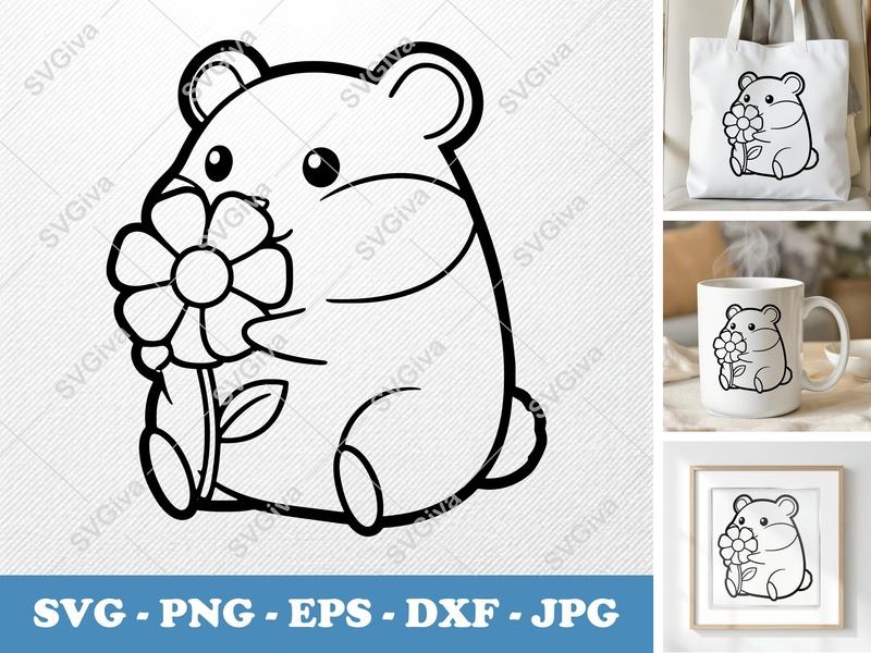 Hamster with Flower SVG | Cute Rodent Cut File PNG DXF EPS Cricut Silhouette Pet Animal Design
