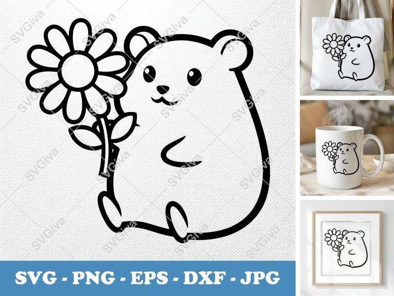 Hamster with Flower SVG | Friendly Bean-Shaped Design | PNG DXF EPS | Cricut Silhouette Cut File