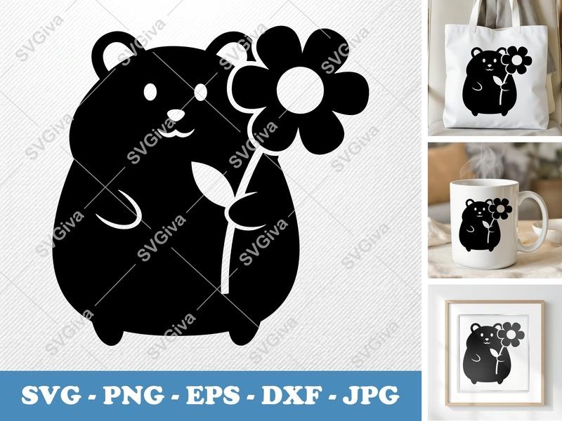 Hamster with Flower SVG, Puffy Shaped | Inflated Pet Design | PNG DXF EPS | Cricut Silhouette File