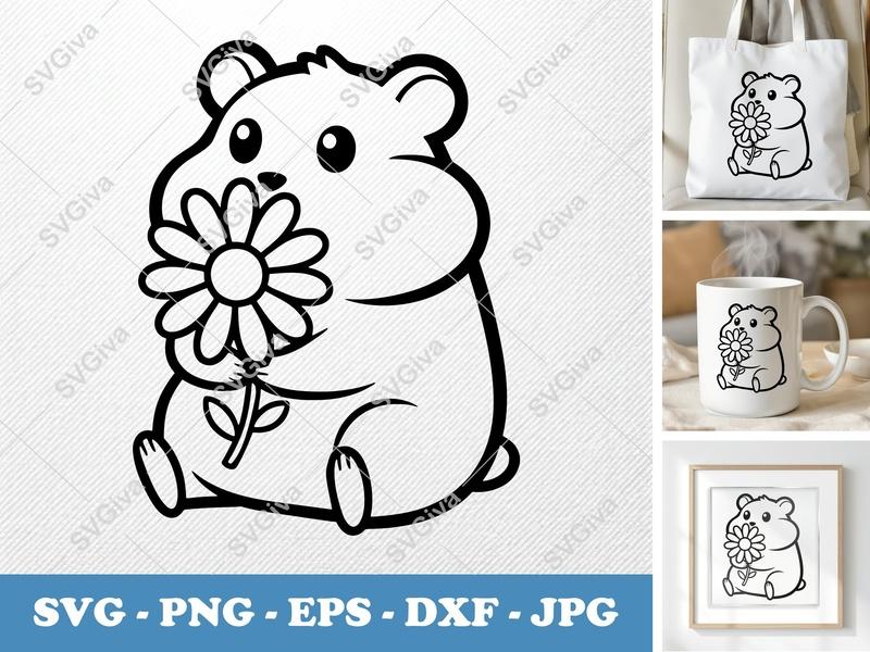 Hamster with Flower SVG | Simple, Cartoon Vector | PNG DXF EPS | Cricut Silhouette Cut File