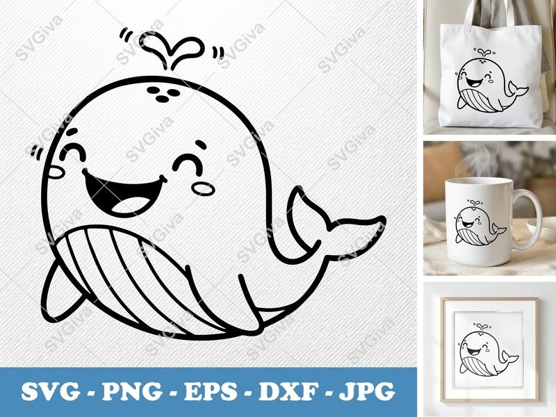 Happy Whale SVG | Cartoon Sea Creature Design for Cricut & Silhouette | PNG, DXF, EPS Cut Files