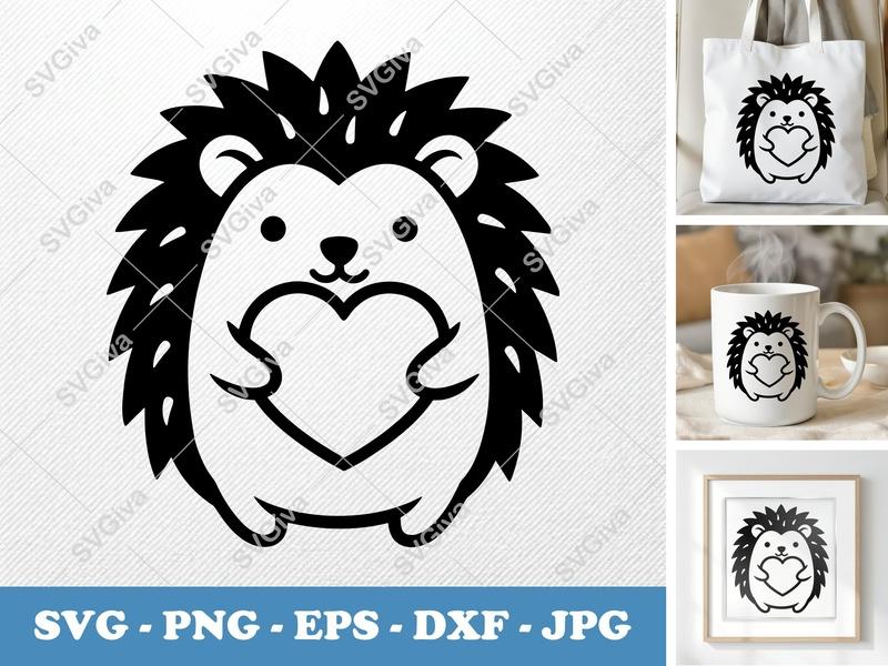 Hedgehog holding a heart SVG | Minimalist Contour Cut File | PNG DXF EPS | Cricut Silhouette | Simple Character Design