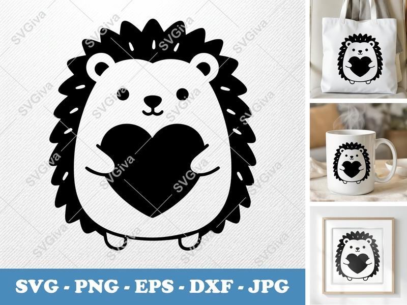 Hedgehog Holding Heart SVG | Puffy, Soft Shapes | PNG DXF EPS | Cricut Silhouette File