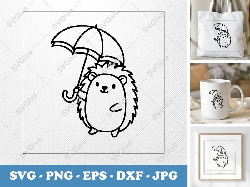 Hedgehog holding umbrella SVG | Cute Bean-Shaped Animal | Rounded Body Design | PNG DXF EPS | Cricut Silhouette File