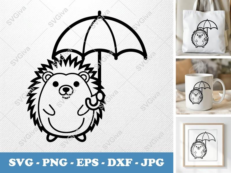 Hedgehog Holding Umbrella SVG | Double-Outline Minimalist Cut File | PNG DXF EPS for Cricut Silhouette