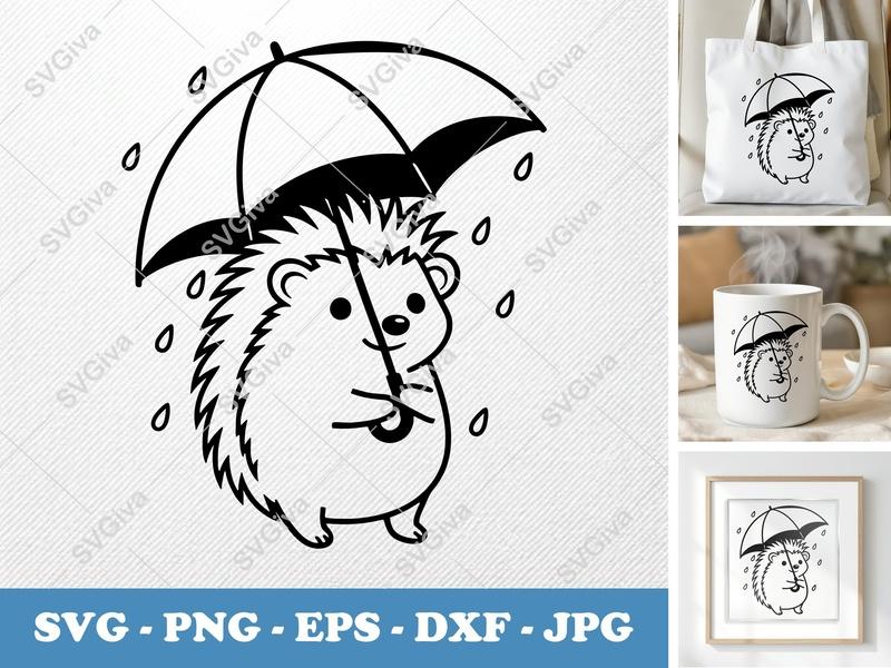 Hedgehog Holding Umbrella SVG | Minimalist Vector Cut File | Bold Contour Design | PNG DXF EPS | Cricut Silhouette