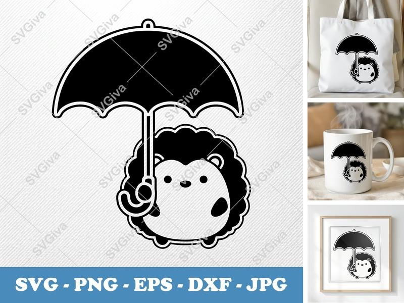 Hedgehog Holding Umbrella SVG | Puffy Soft Forms | PNG DXF EPS | Cricut Silhouette File