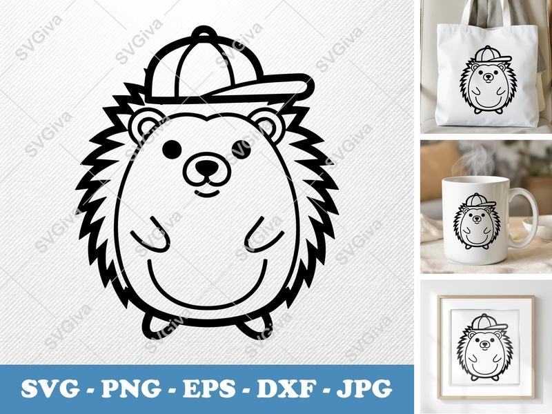 Hedgehog in a Cap SVG | Double Outline, Minimalist Design | PNG DXF EPS | Cricut Silhouette File