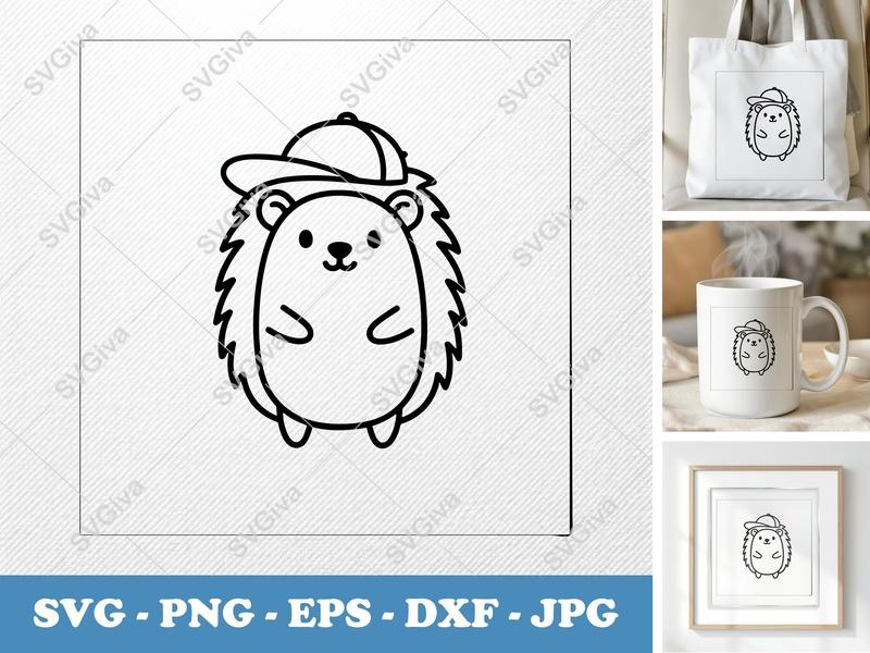 Hedgehog in a Cap SVG, Friendly Bean-Shaped Rounded Body Cut File | PNG DXF EPS | Cricut Silhouette Vector