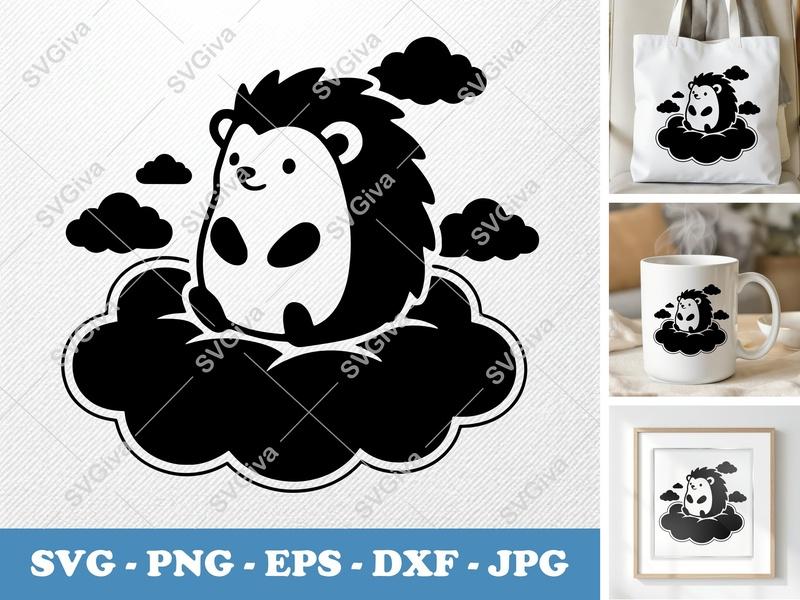 Hedgehog on Cloud SVG | Cute Animal Cut File PNG EPS DXF | Modern Design for Cricut, Silhouette