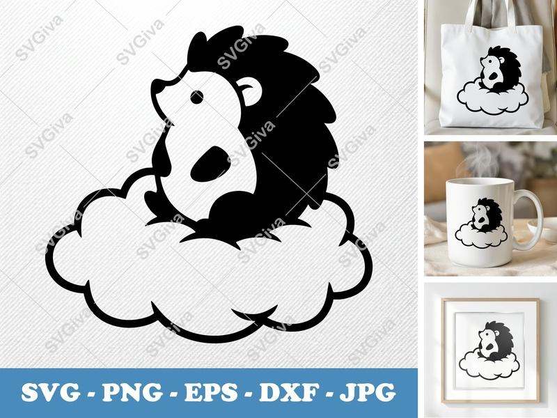 Hedgehog on Cloud SVG | Puffy Soft Forms Cut File | Cricut Silhouette | PNG DXF EPS Vector