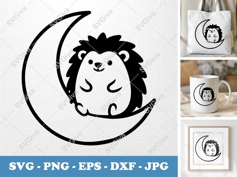 Hedgehog on Moon SVG, Cute Animal PNG, EPS, DXF Cut File for Cricut, Silhouette, Baby Shower Decor, Kids Craft
