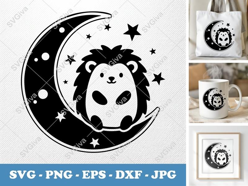 Hedgehog on Moon SVG, Cute Baby Animal Stars PNG EPS DXF | Cricut Silhouette File, Nursery Decor, Modern Clean Design