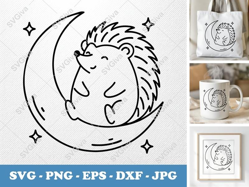 Hedgehog on Moon SVG | Minimalist Contour Cut File | PNG DXF EPS | Cricut Silhouette Design