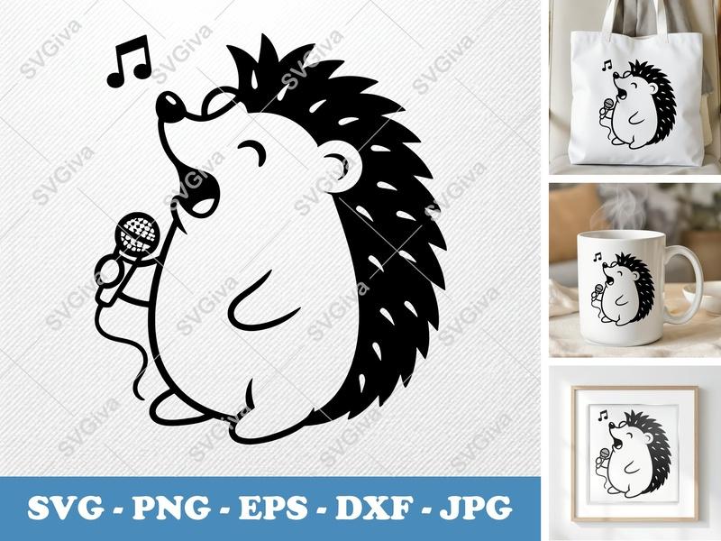 Hedgehog Singing SVG, Cute Microphone Music Note PNG EPS DXF for Cricut, Silhouette, Animal Clipart Cut File