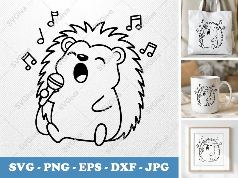 Hedgehog Singing SVG, Friendly Rounded Body Bean-Shaped Cut File | PNG DXF EPS | Cricut Silhouette Design