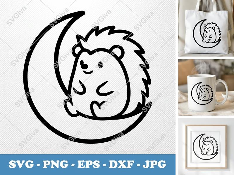 Hedgehog Sitting Moon SVG PNG DXF EPS | Cute Animal Cut File Cricut Silhouette Vector