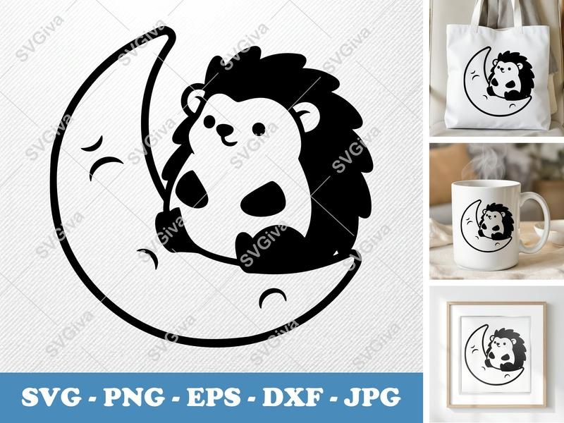 Hedgehog Sitting on a Moon SVG | Puffy Soft Forms Cut File | Cricut Silhouette | PNG DXF EPS