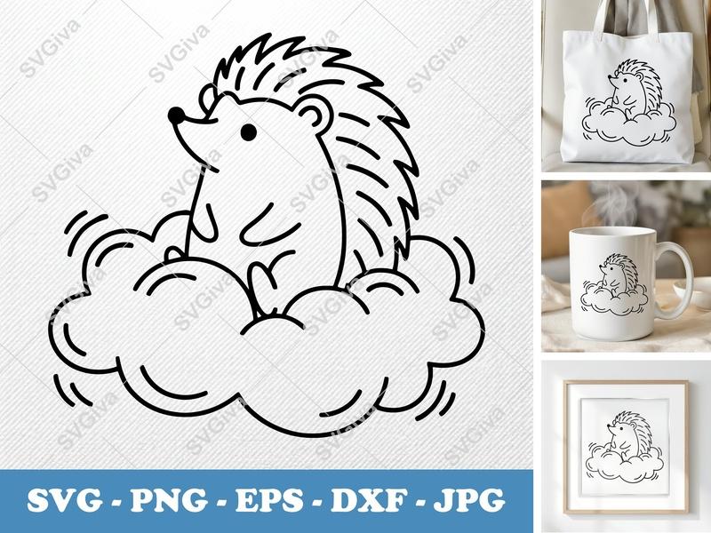 Hedgehog Sitting on Cloud SVG | Minimalist Line Art | Clean Contour Vector | PNG DXF EPS | Cricut Silhouette File
