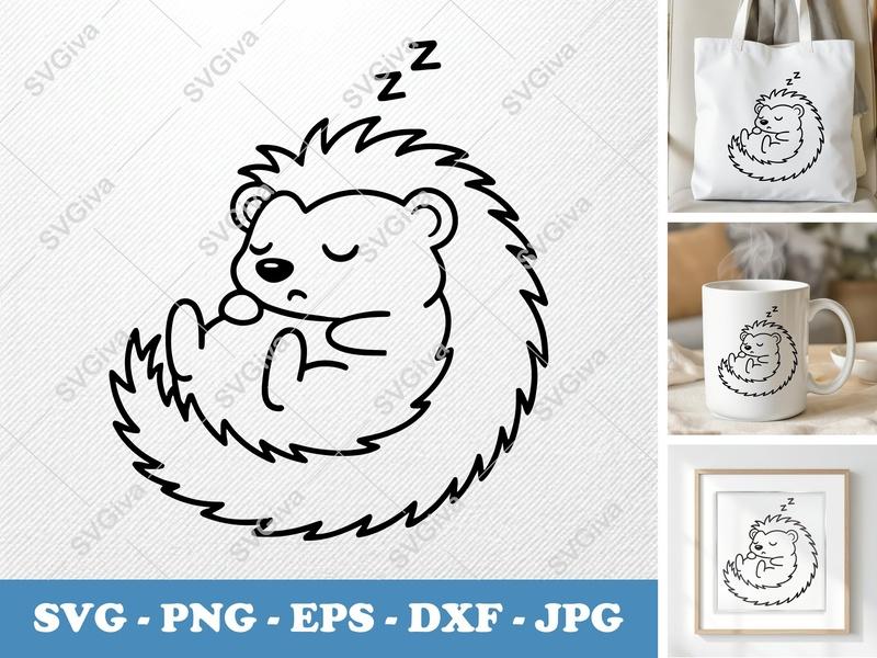 Hedgehog Sleeping SVG, Friendly Bean-Shaped Cut File | PNG DXF EPS | Cricut Silhouette Ready