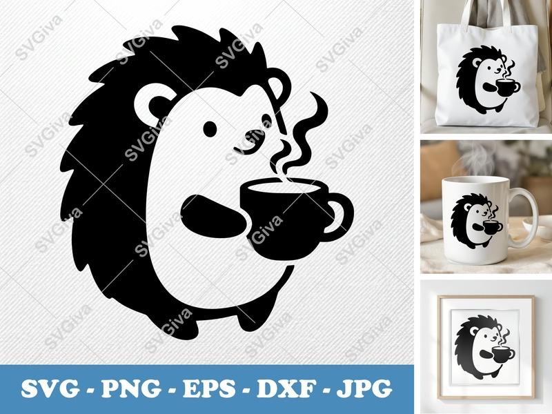 Hedgehog SVG, Coffee Hedgehog Cut File, Cute Animal with Mug, PNG EPS DXF for Cricut, Silhouette, Modern Clean Design