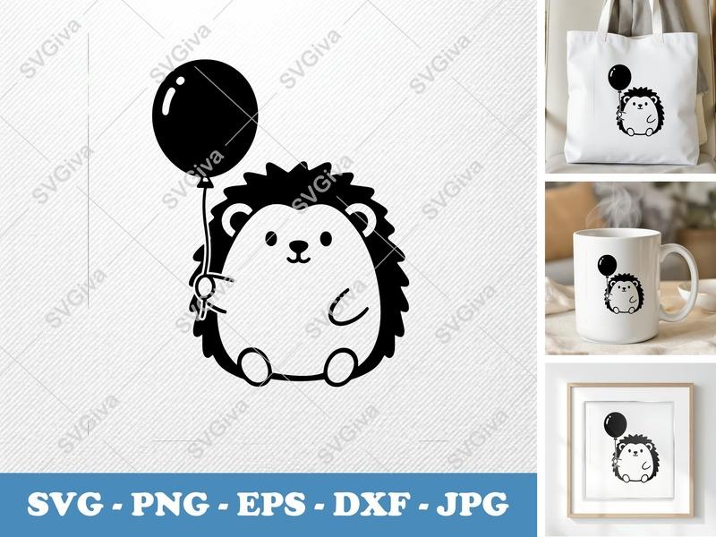 Hedgehog SVG | Cute Cartoon Animal with Balloon Cut File | PNG EPS DXF for Cricut Silhouette Vinyl Decal