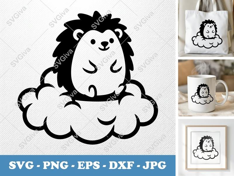 Hedgehog SVG, Cute Cloud Animal Cut File, Modern Design, PNG EPS DXF for Cricut, Silhouette, Baby Shower Decor