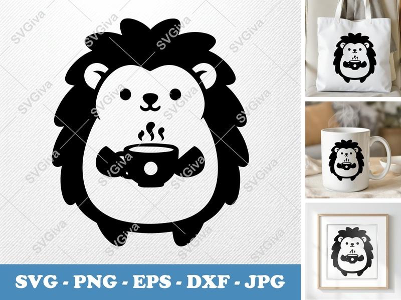 Hedgehog SVG, Cute Coffee Cup Drinker, Modern Animal Clipart, PNG EPS DXF for Cricut Silhouette, Digital Cut File