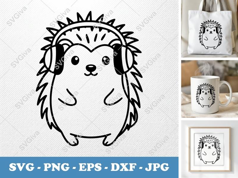 Hedgehog SVG, Cute Hedgehog with Headphones Cut File, Modern Animal Clip Art, PNG EPS DXF for Cricut, Silhouette, Vinyl Decal