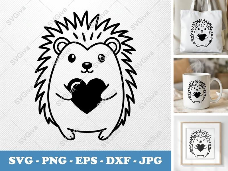 Hedgehog SVG, Cute Hedgehog with Heart, Modern Clean Design, PNG, EPS, DXF for Cricut & Silhouette
