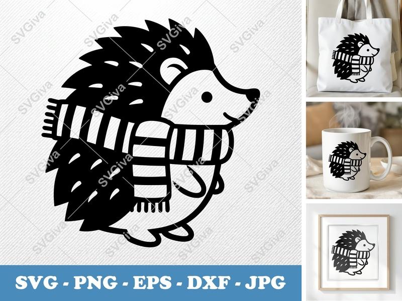 Hedgehog SVG, Cute Scarf Modern Clean Design, Winter Animal PNG EPS DXF | Cricut & Silhouette Cut File