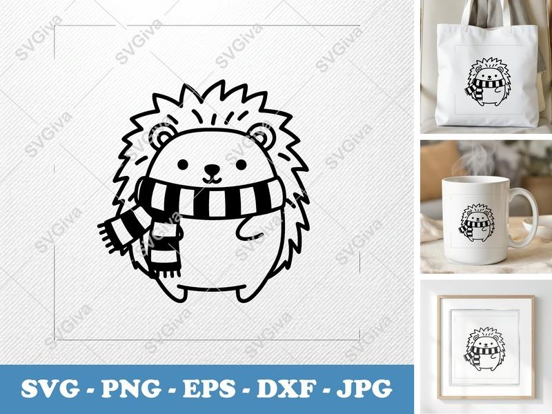 Hedgehog SVG, Cute Winter Scarf Animal Clip Art, Modern Clean Design, PNG EPS DXF for Cricut, Silhouette Cut File