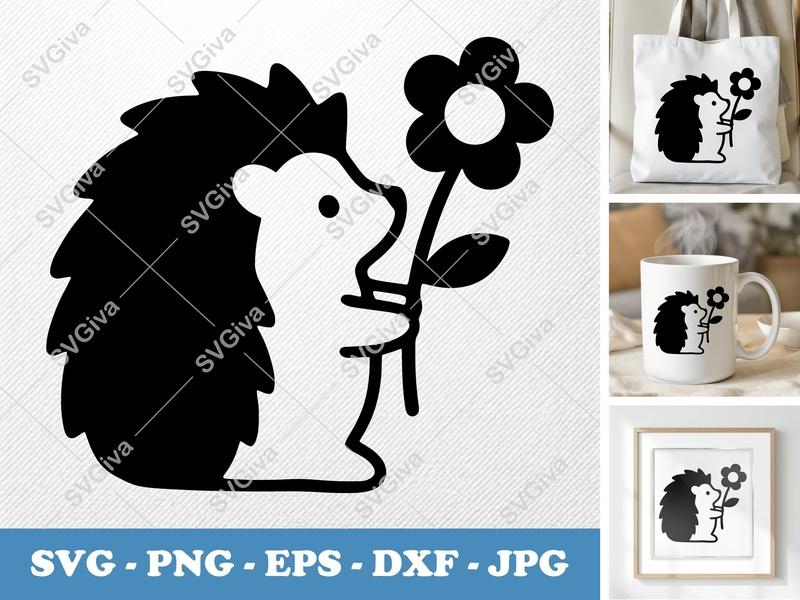 Hedgehog SVG, Flower Clipart, Cute Animal Cut File, Modern Design, PNG EPS DXF for Cricut, Silhouette, Vector Art