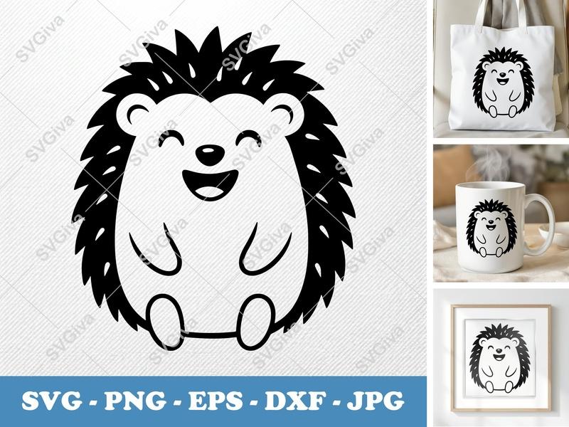 Hedgehog SVG Happy Kawaii Cut File | Cute Woodland Animal Cricut Silhouette Design | PNG, EPS, DXF Vector Clipart