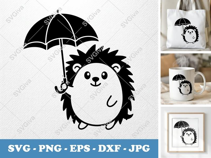 Hedgehog SVG, Puffy Pillow-Soft Forms, Holding Umbrella | PNG DXF EPS | Cricut Silhouette File