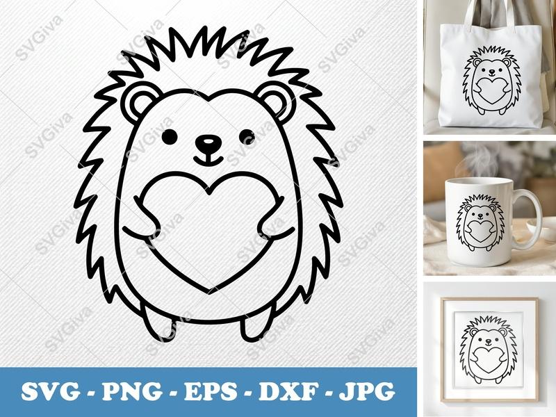 Hedgehog SVG, Rounded Bean-Shaped Friendly Design, holding a heart | PNG DXF EPS | Cricut Silhouette Cut File