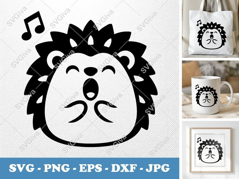 Hedgehog SVG, Singing Hedgehog Cut File, Music Note, Animal Clipart, Cute PNG EPS DXF for Cricut, Silhouette