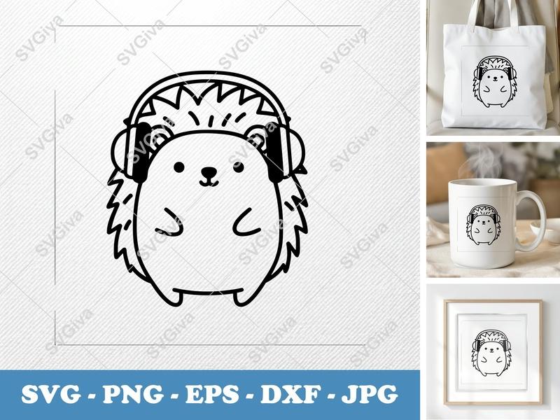 Hedgehog SVG with Headphones, Cute Animal Clipart, Digital Download PNG EPS DXF for Cricut, Silhouette, Modern Clean Design