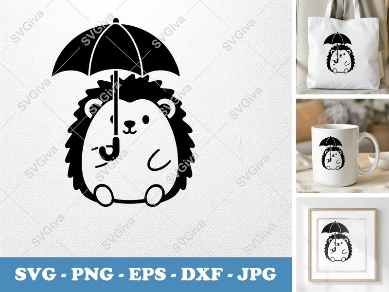 Hedgehog SVG with Umbrella | Cute Animal Cut File, Modern Clean Design - PNG EPS DXF for Cricut, Silhouette