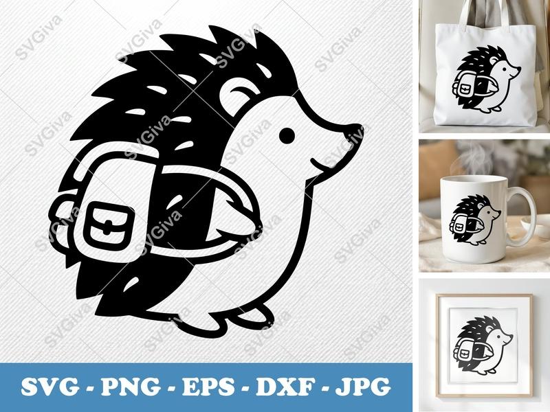 Hedgehog Wearing Backpack SVG | Minimalist Vector Cut File | Simple Contour PNG DXF EPS | Cricut Silhouette Design